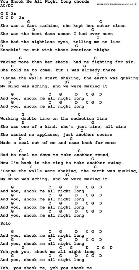 Aug 25, 2022 · You Shook Me All Night Long merupakan lagu yang dipopulerkan oleh grup musik asal Australia, AC/DC. Lagu berdurasi 3 menit 30 detik ini merupakan lagu ketujuh dalam album bertajuk “Back In Black” yang dirilis pada 25 Juli 1980. Album ini memuat 10 trek lagu, di antaranya Back In Black, Hells Bells, dan Rock and Roll Ain’t Noise Pollution. 